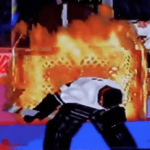 A burning goalie net
