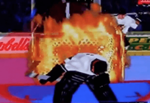 A burning goalie net